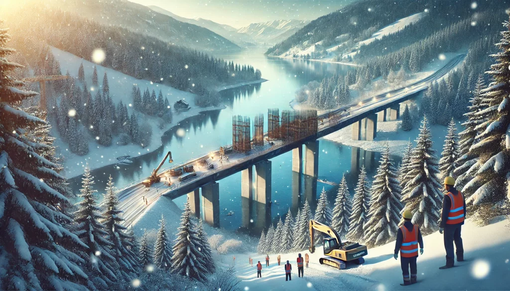 A scenic winter view on a modern bridge under construction stretching across a serene river, surrounded by snow.